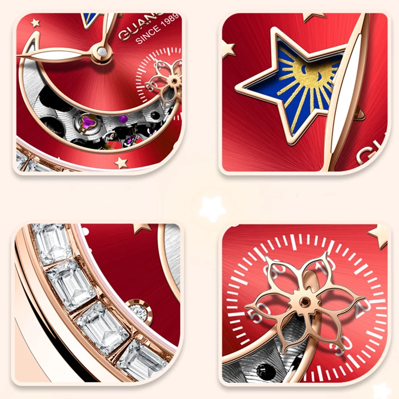 GUANQIN Women Mechanical Watch Luxury Starry Moon Series Ceramic Moonphase Sub-dial Leisure 30M Waterproof Luminous Watches