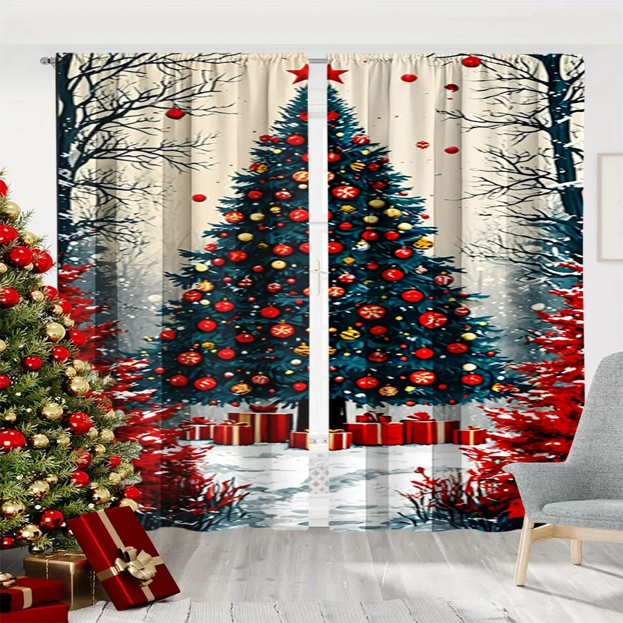2PCS Christmas Winter Curtains, Snowy Forest Christmas Tree Ornament Gift Box, Digital Print, Bedroom Living Room, Home Decor