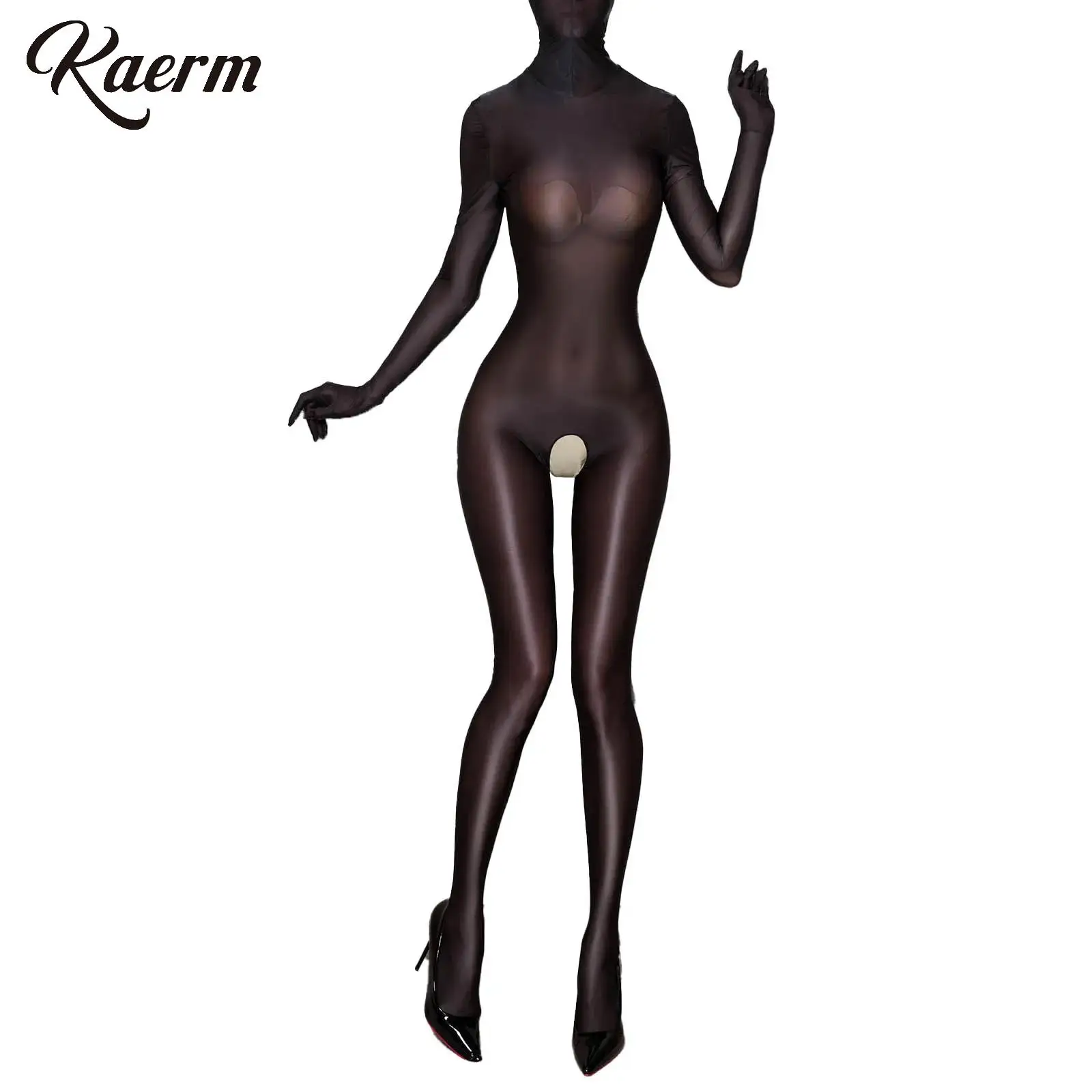 Calças justas elásticas de corpo inteiro lustrosas femininas, bodysuit sexy, crotchless, zíper traseiro, Bodystocking superficial, desgaste exótico da meia-noite