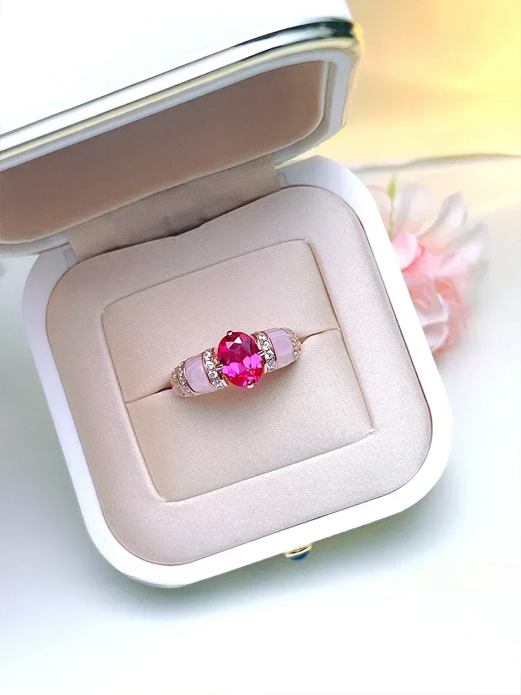 Desire 925 Sterling Silver Artificial Rupee Tourmaline Ring Set with High Carbon Diamond Temperament Versatile Rose Red