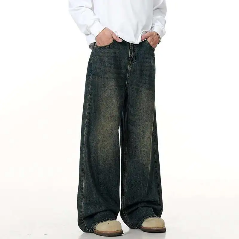 

Style Men American Jeans Washed Worn Out Loose Fit Wide Leg Male Denim Pants Summer New Stylish Vintage Trousers KXD1