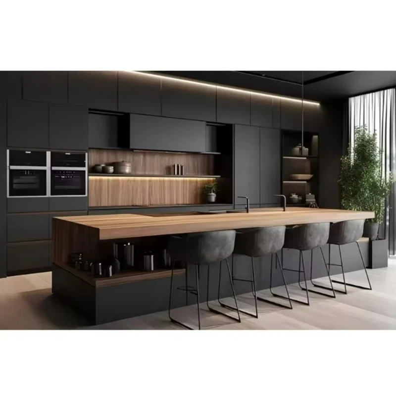 Wood Grain MDF Moisture-proof Frameless Built-in Kitchen Cabinet & Island, Custom Modern Luxury Kitchen Set, Bulk Supplier