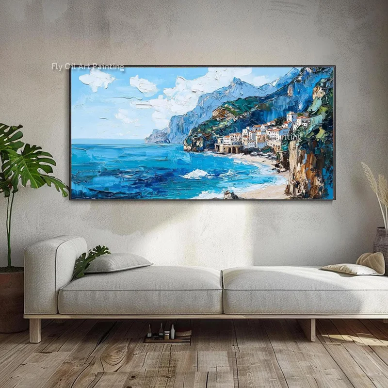 Handpainted Amalfi Coast Canvas Painting Palette Knife Horizontal Wall Art Living Room Mediterranean Seascape Home Decor