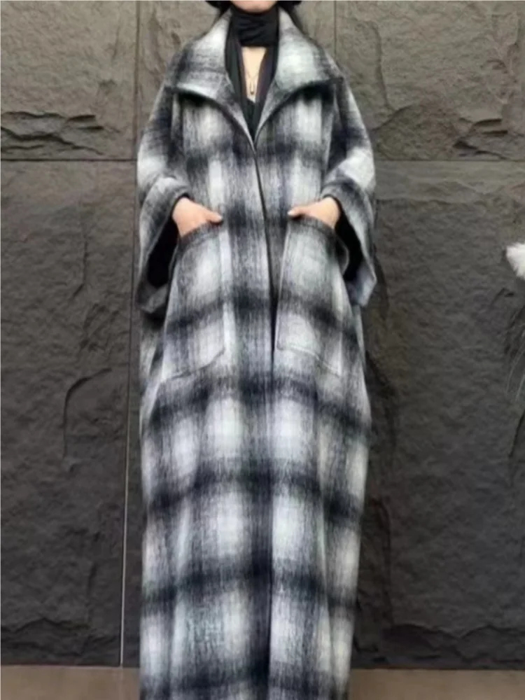 Vefadisa 2025 Primavera Autunno Nuovo Cappotto di lana da donna scozzese nero Risvolto Manica a pipistrello per cappotto tutto-fiammifero di moda semplice ZXY1037AF1