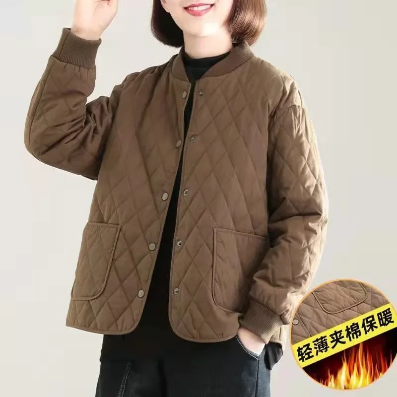 Winter Commuting Concise Style Women Solid Color Retro Down Cotton Jacket Diamond Shape Grid Loose Casual Regular Women Clothing