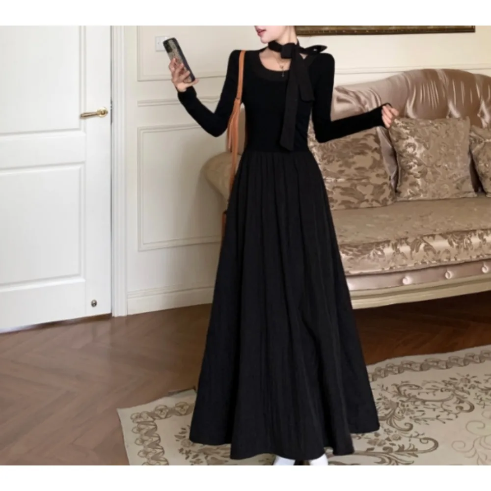 

Повседневные элегантные осенние платья с длинными рукавами и бабочкой с круглым вырезом, вечерняя уличная женская одежда больших размеров