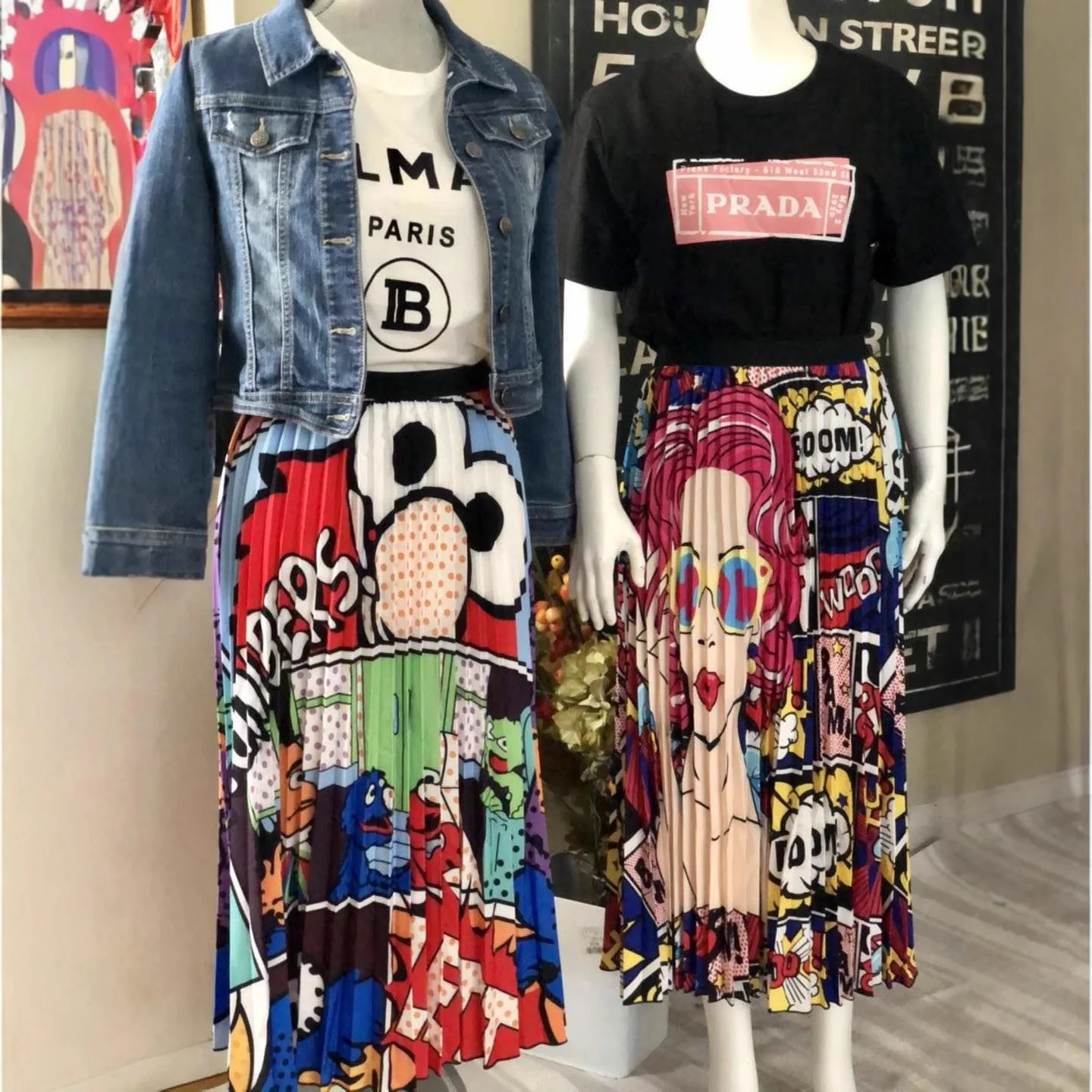 Spring and Summer Printing Pattern Elastic Pleated Skirt Women's Clothing Medium and Long A-shaped Skirt Skirt