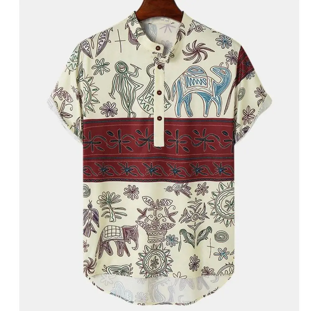 Vintage Henley Men's T-Shirt 3D Tribal Style Oversize Thickened Autumn  Collar Nine Sleeve Lengthened Fleece Lined Clothing