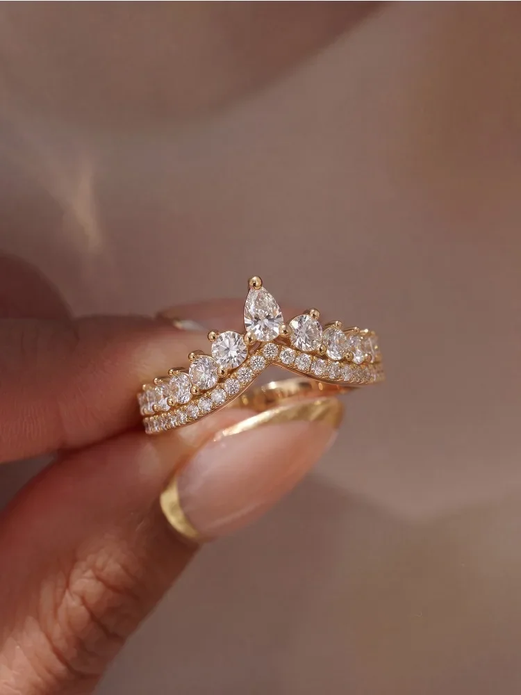 925 Sterling Silber Luxus Doppelschichtiger Wassertropfen-Zirkon-Kronenring für Damen Verlobung Hochzeit Hochwertiger Edel-Schmuck – Detail 2