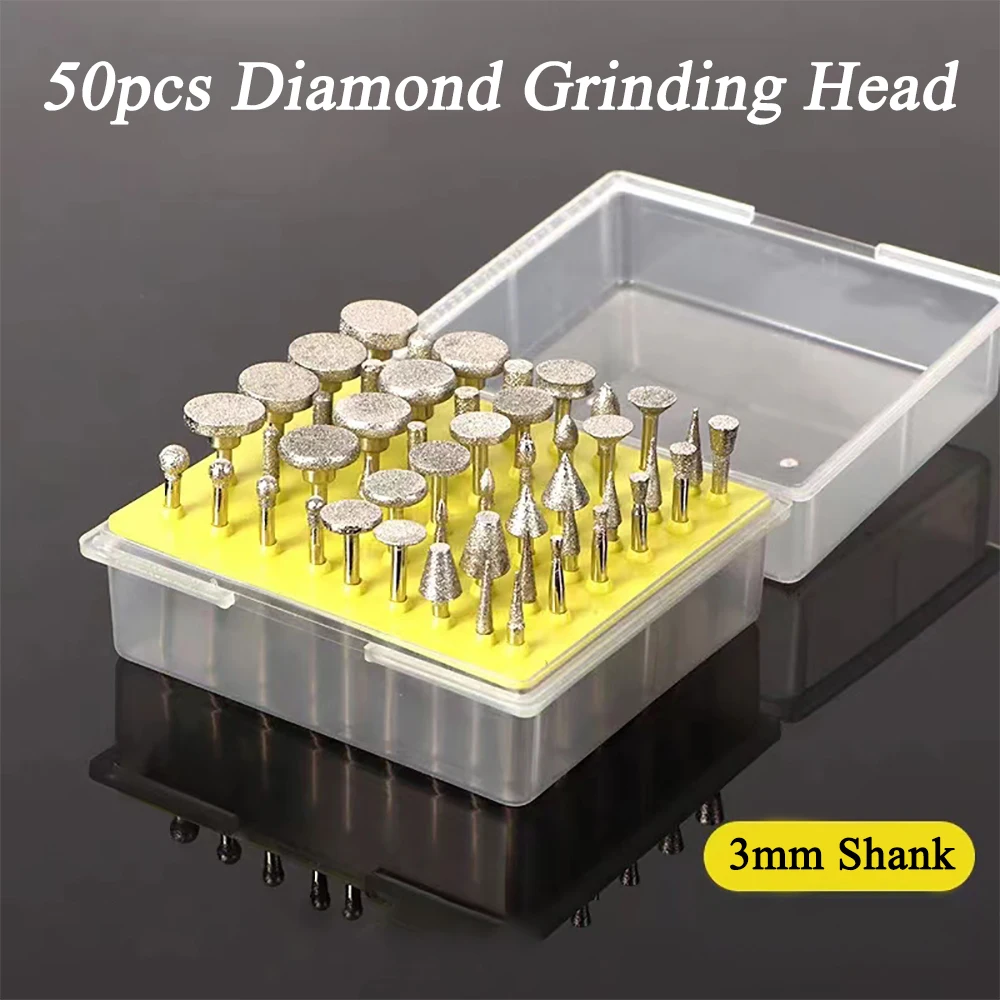 

50pcs Diamond Grinding Heads Coated Drill Bit Set Abrasive Burrs 3mm for Polishing Jewelry Jade Marble Glass Dremel Rotary Tool