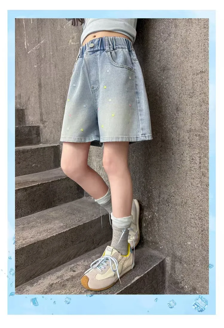 2026 Sommer Kinder-Jeansshorts für 120-170cm große Mädchen, bestickt, elastischer Bund, lässige knielange Teenager-Shorts – Detail 10