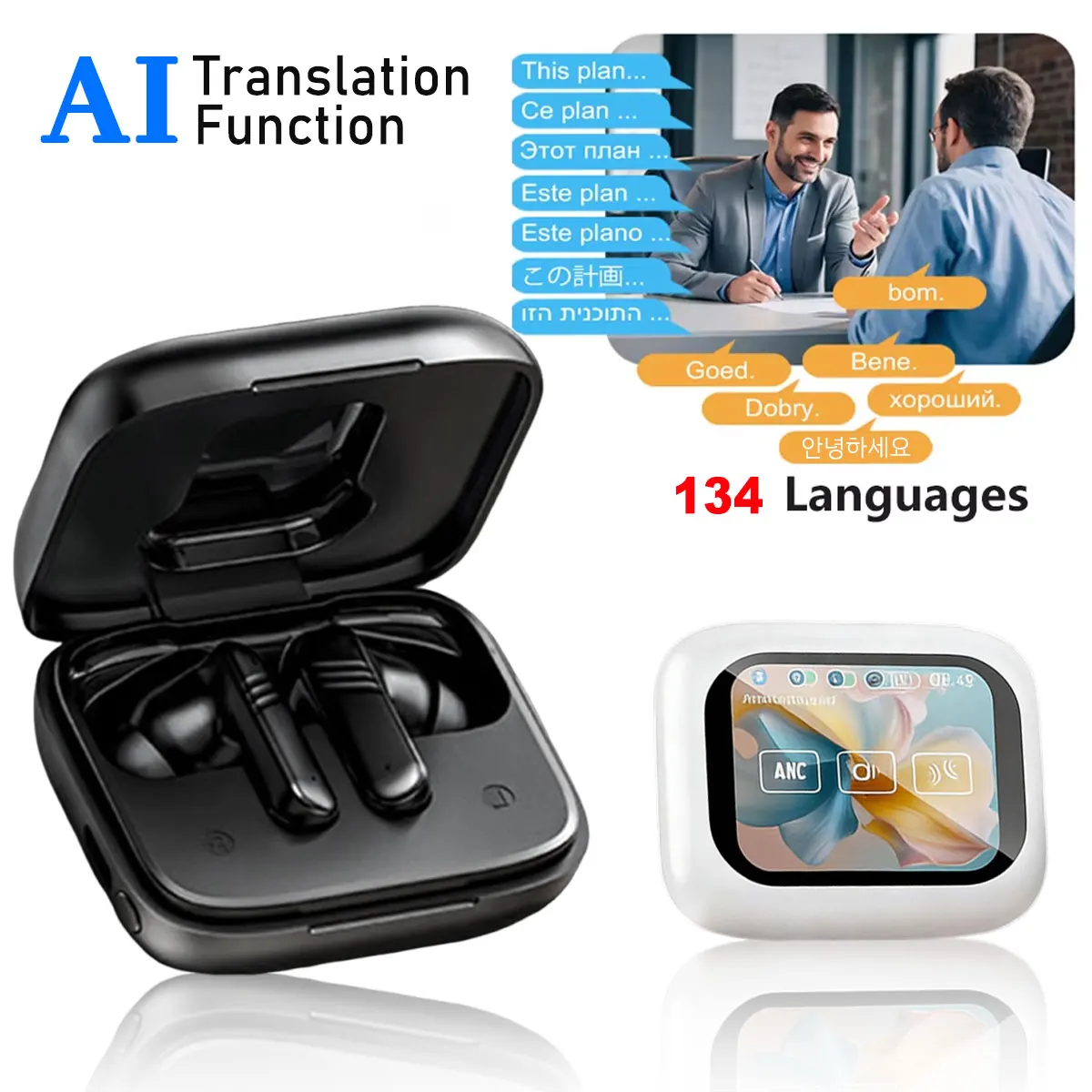 Real Time Translators Headphones with Touch Screen 134 Languages Translation Bluetooth 5.4 Earbuds Noise Cancelling Headset