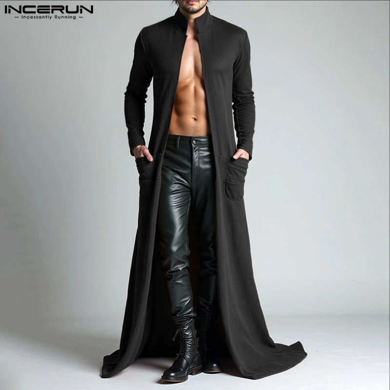INCERUN Men Long Style Trench Solid Color Long Sleeve Cardigan Men Coats Streetwear Loose Open Stitch Fashion Casual Windbreaker