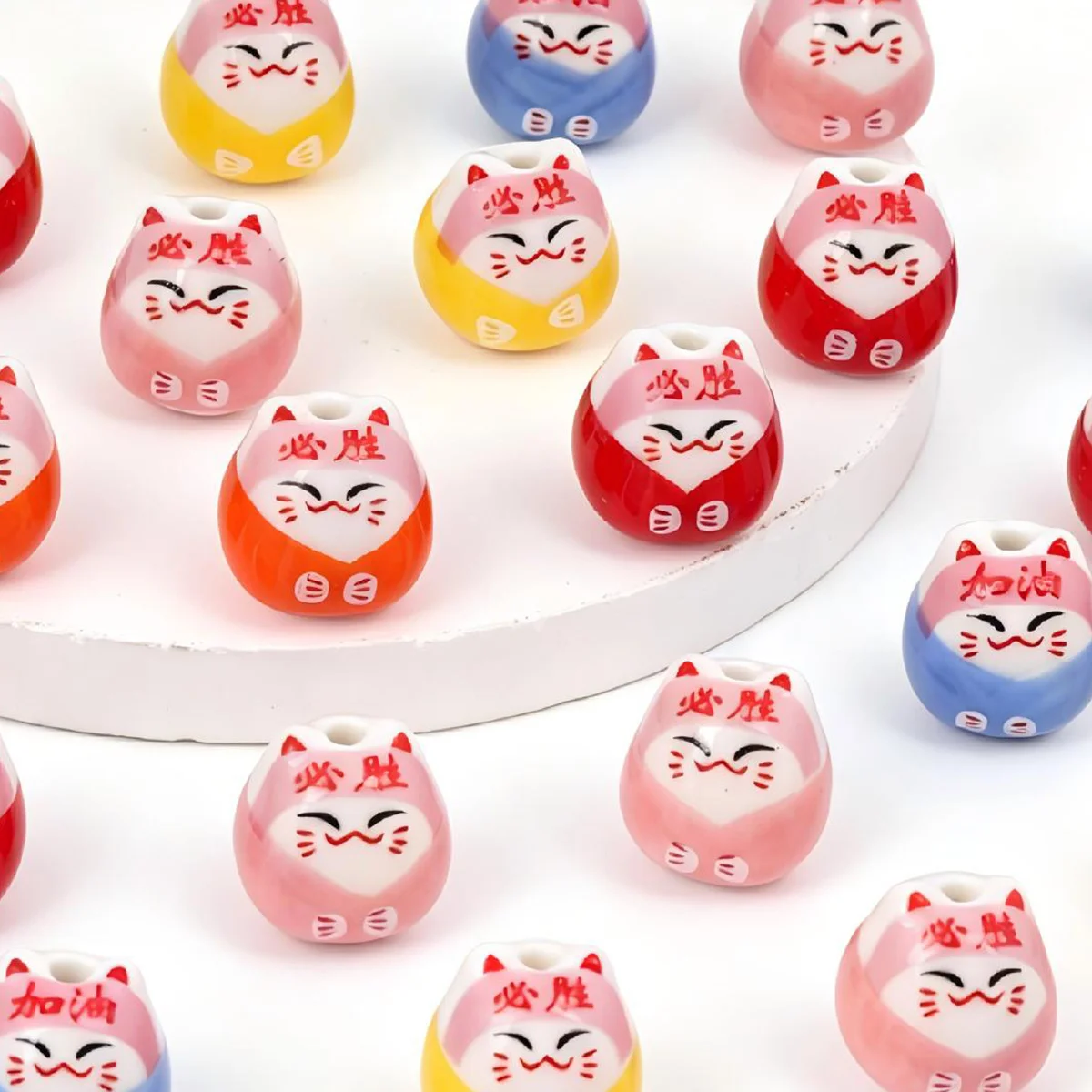 4/9pcs Random Color Victory Daruma Cat Ceramic Beads 15*16mm Loose Beads For DIY Bracelet Necklace Hair Accessories Craft Making