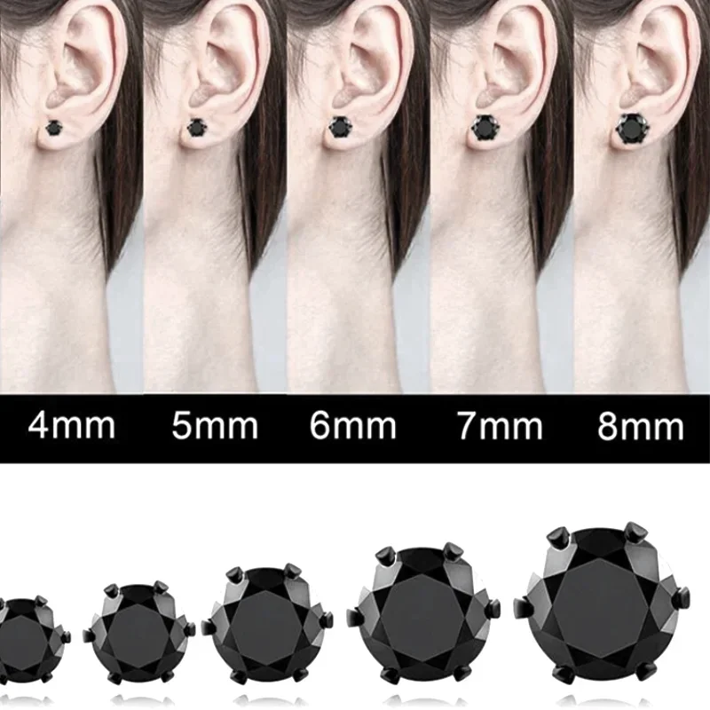 1 Pair Stainless Steel  4-8mm Cubic Zirconia Pearl Ball Stud Earrings CZ Crystal Round Black Silver Color Piercing Jewelry gift