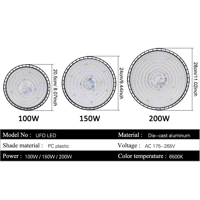 UFO Industrial Aluminum Shell Miner's Lamp 100W/150W/200W/220V Warehouse Parking Lot Sports Stadium Super Bright LED Lighting