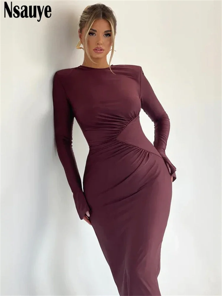 Nsauye Sexy Ruched Maxi Long Flare Sleeve Maxi Bodycon Elegant Dress Women 2023 O Neck Club Evening Party Clothes Birthday Dress