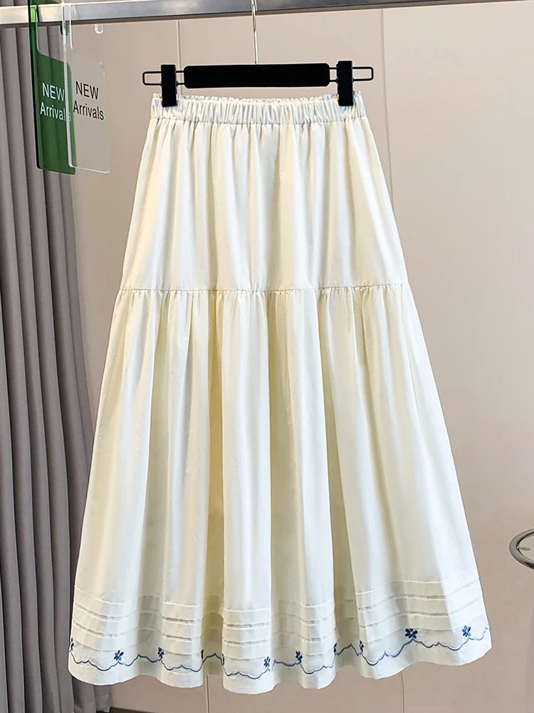 New National Style Retro Ivory Rice Blue Flower Embroidery Pleated Half Skirt Women's Summer Linen A-Line Bloom Umbrella Skirt