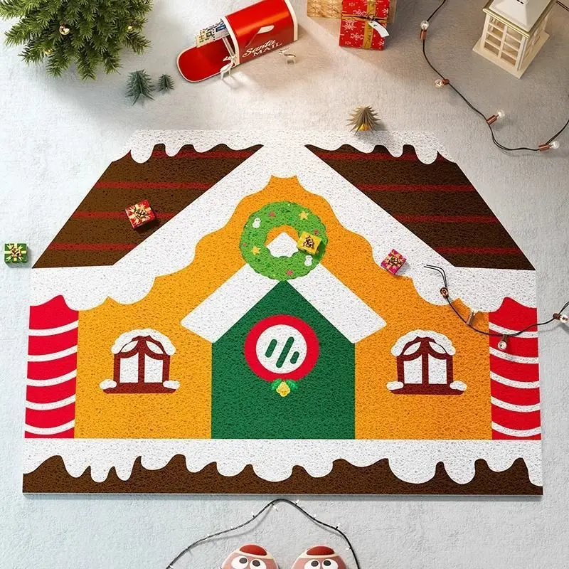 Christmas Gingerbread House PVC Wire Loop Doormat Non-Slip Dirt Trapping Entrance Mat, Easy Clean Holiday Front Door Floor Rug