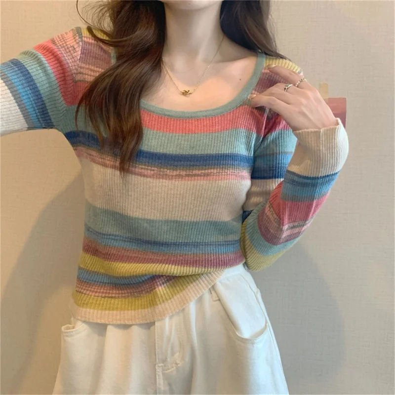 

Women Square Neck Long Sleeve Colorful Striped Knit Sweater Casual Fashion Slim Sweaters Top