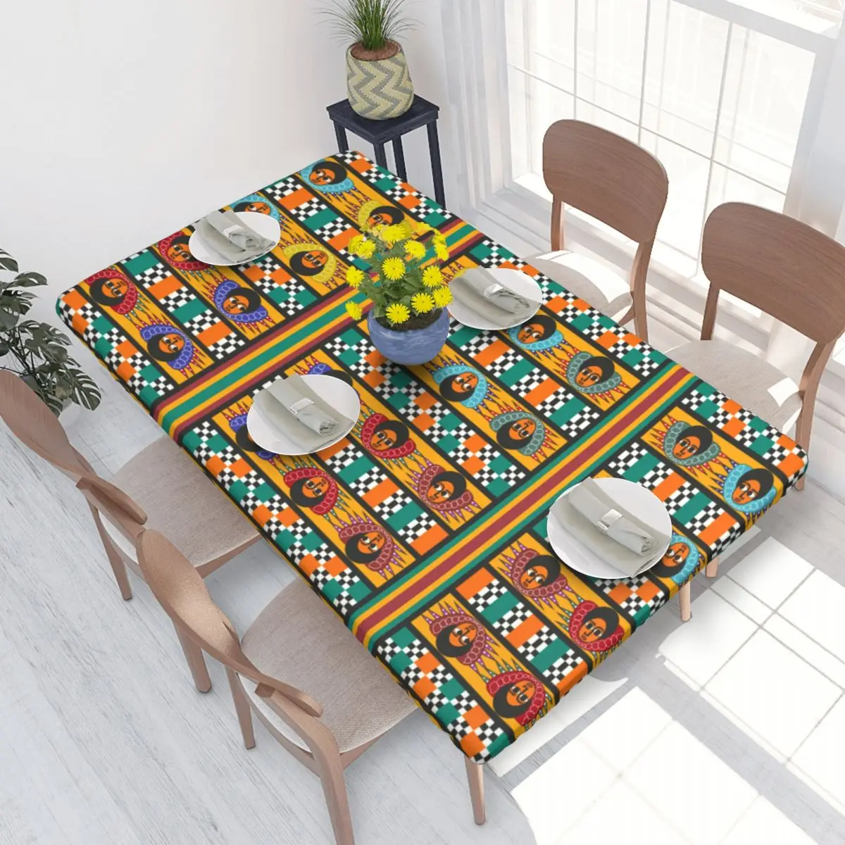 Custom Ethiopian Colourful Art Pattern Rectangular Tablecloth Oilproof 4FT Table Cloth Table Cover