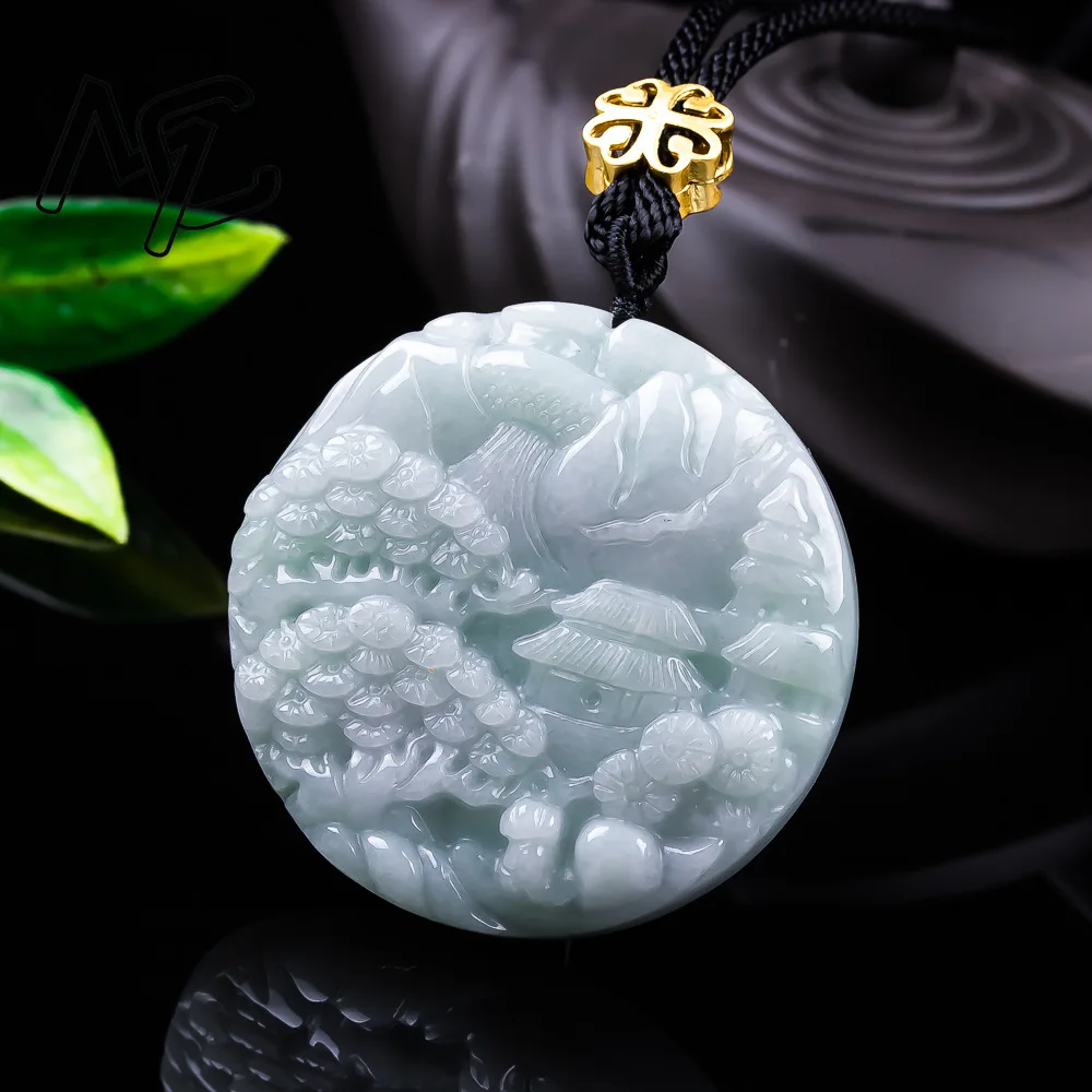 Real Jade Natural Emerald Double-sided Mountains Waters Pendant Necklace Carved Charm Jadeite Jewelry Fashion Charm Amulet Gifts view 2