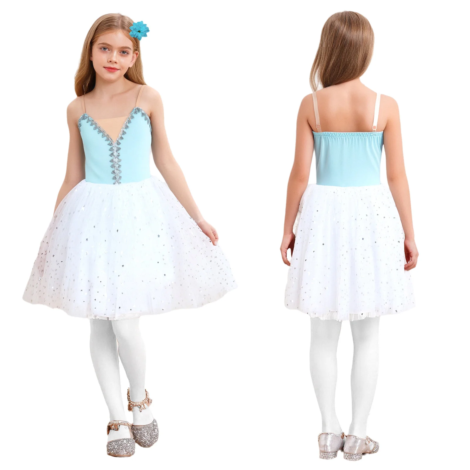 

‌Kids Girls Ballet Dance Dress Performance Outfits Layered Sequined Tulle Tutu Skirt with Headwear for Recitals Competitions