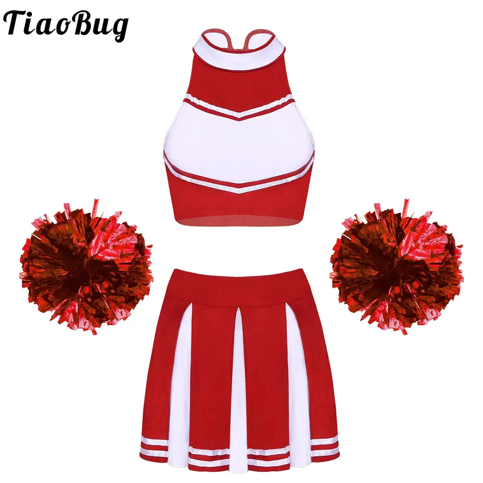 

Womens Cheerleader Cosplay Costume Uniform Set High School Girl Halloween Party Sleeveless Crop Top with Pleated Skirt Outfit