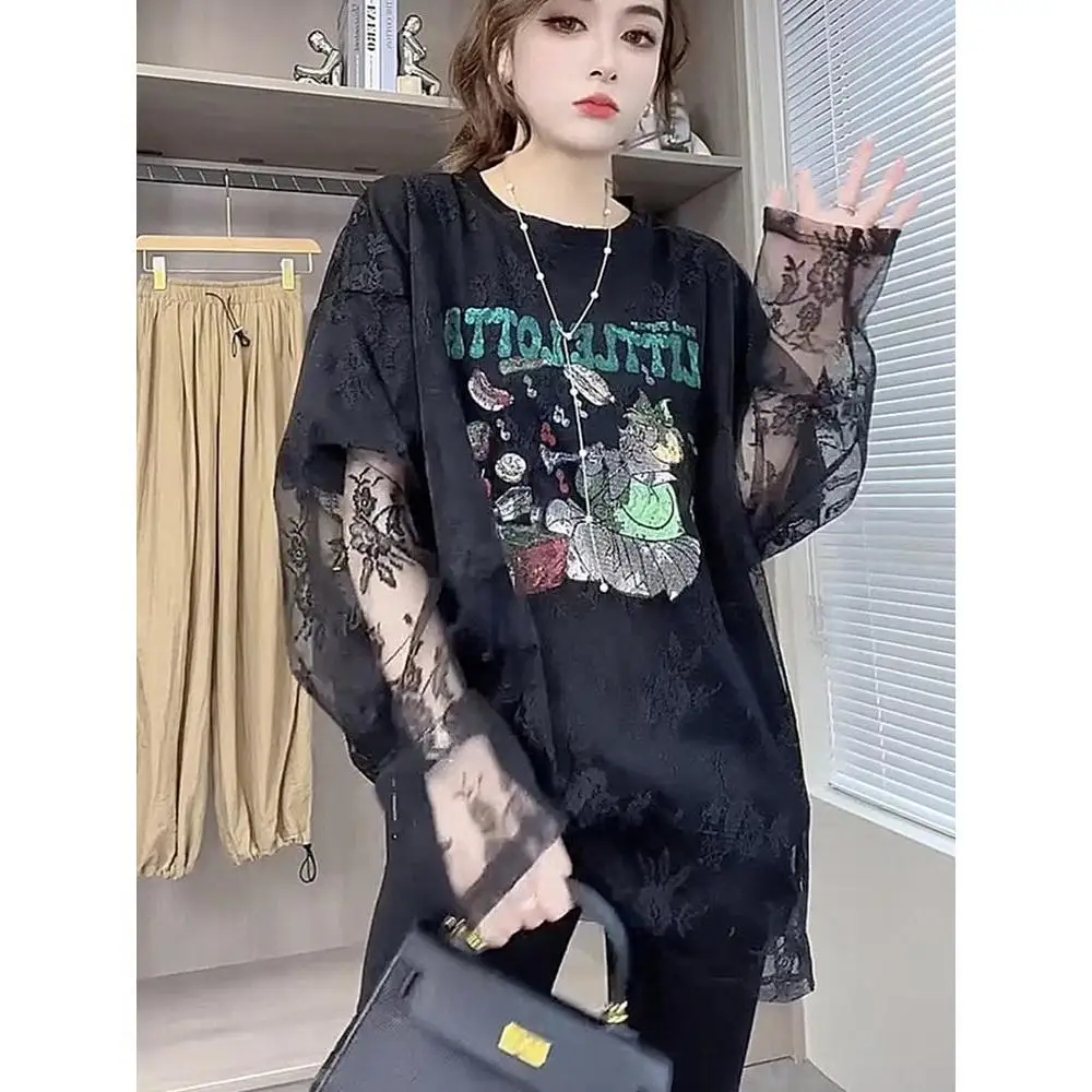 Summer New Fashion Hong Kong Style Cartoon Plus Size Lace Patchwork Fake Two Loose Slimming Long Sleeved T-shirts