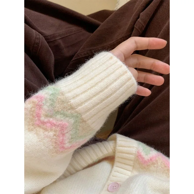 Women Autumn Winter Korean Fashion Button Color Blocking O-neck Knitting Women Clothes Preppy Style Loose Cardigan Sweater Tops