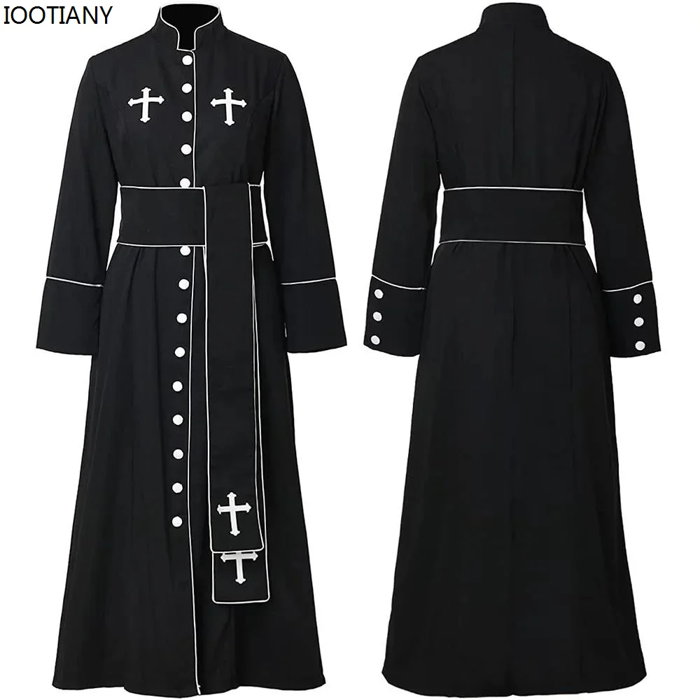 Unisex Priest Cosplay Costume Halloween Cassock Church Priest Outfit Clergy Roman Cassette Stand Collar Clothes Black White Robe