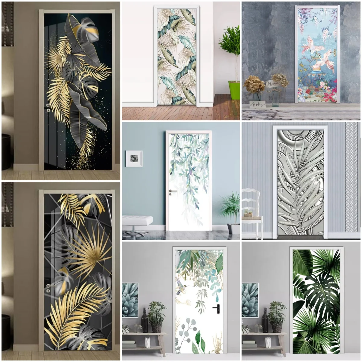 

Self adhesive Plantain Green Leaves 3D Door Sticker Birds Decoration Stickers Waterproof Removable Art Poster Decals Home Decor