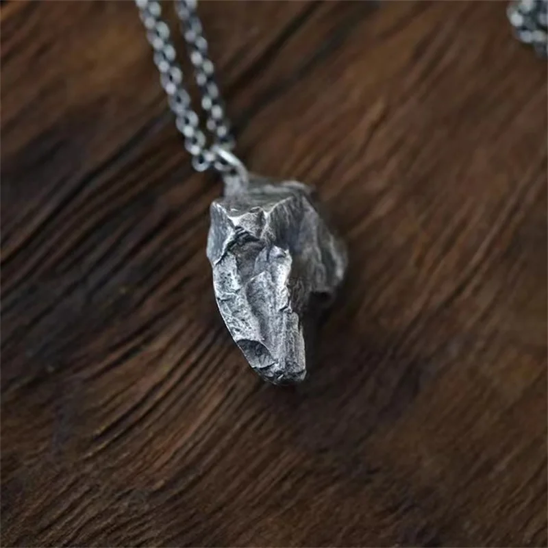 Retro Trendy Men's Irregular Black Stone Pendant Jewelry Fashionable Personality S925 Chain Necklace Male Meteorite Accessories view 6
