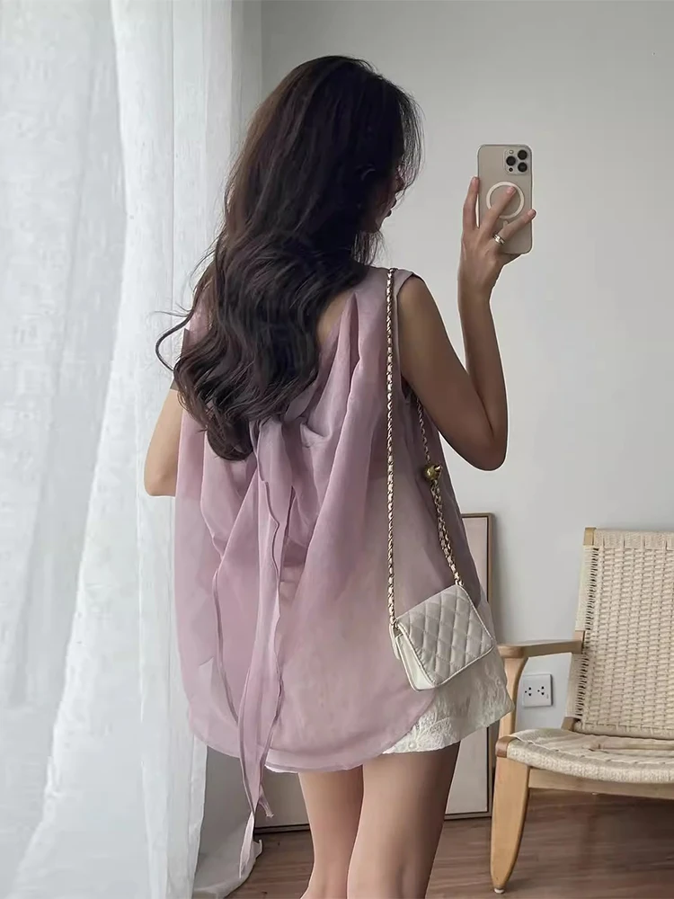 

Ele Loose Svel Women's Chiffon Vest Ba Strap Net irt Summer New Sle Korean Sle round Ne Other Material
