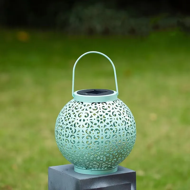 Garden Outdoor Decoration Solar Waterproof Iron Hollow Light Shadow Lantern Balcony Portable Small Night Table Chandelier