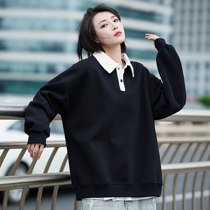 Lady New Spring And Autumn Women\'S Fashion Versatile Long Sleeve T-Shirt Loose Versatile Casual Lapel Collar Pullover Top Female