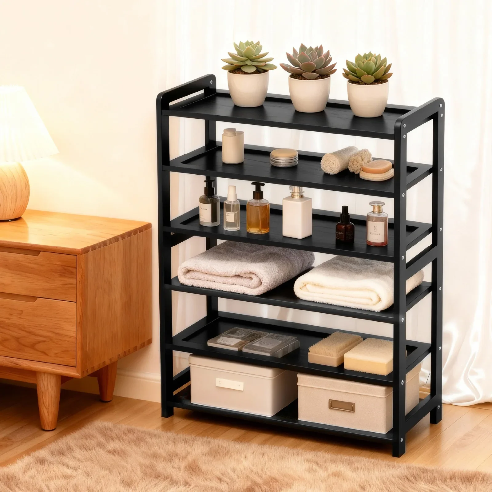 

6-layer flat bamboo shoe rack, 68*25*89cm, black