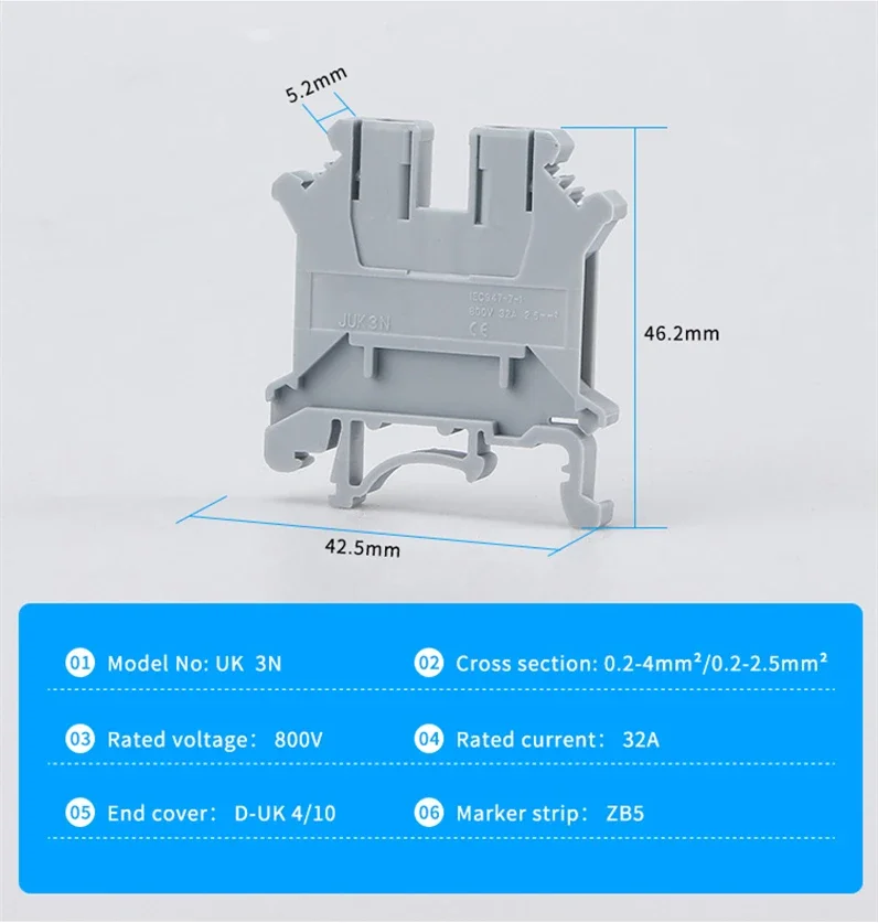 100pcs Din Rail Terminal Block Universal Conductor UK-3N Screw Connection Electrical Wiring Terminal Strip Block Connector UK3N