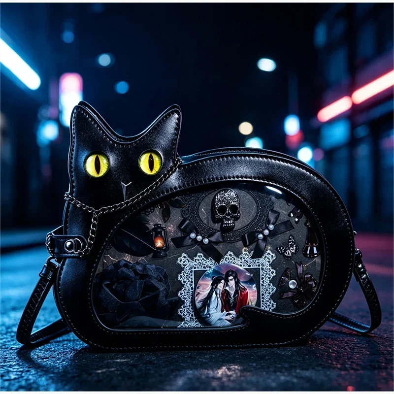 Gotische Schwarze Katzen-Ita-Tasche für Damen, Niedliche Umhängetasche mit Klarsichtfenster, Harajuku Mini-Schulter-Messenger-Tasche – Detail 9