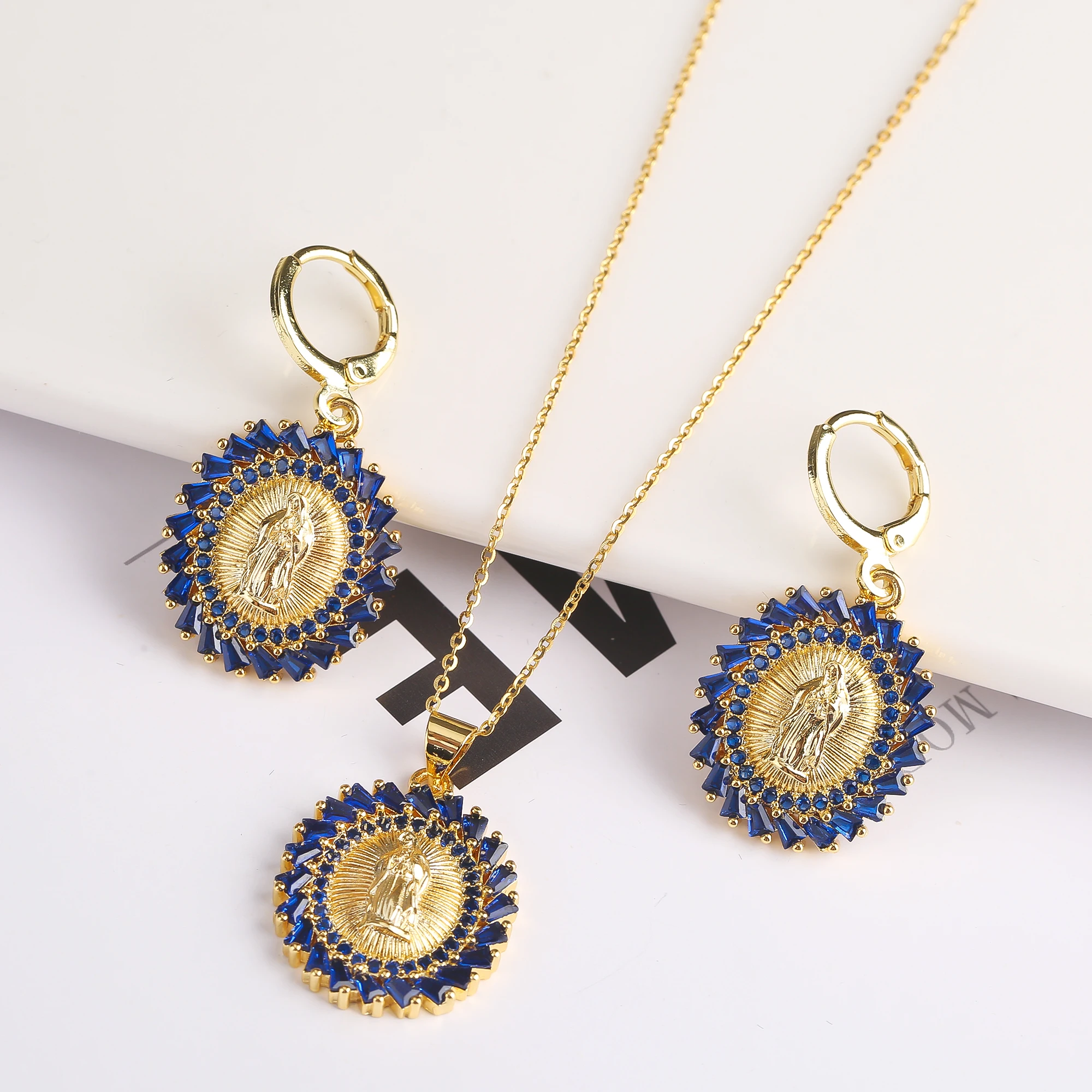 Zircon Colored Diamond Hot Selling High Quality 2PC Religious Buddhist Pendant Necklace Earrings Jewelry Set Women\'s Gold Plated