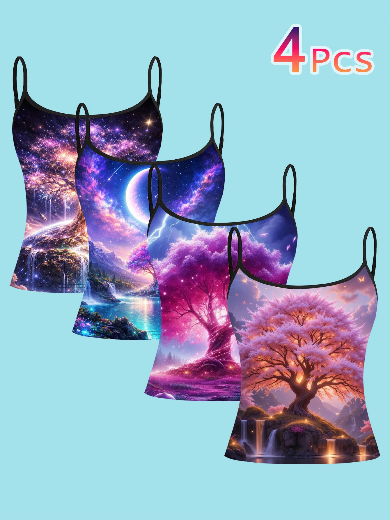 4-Piece Set of Purple Fairy Tree Starry Sky Camisole Set with Floral Waterfall and Star Moon Patterns for Women's Base Layer Tank Top
