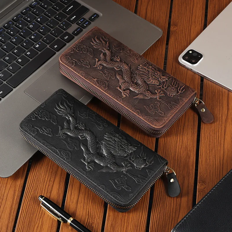 Frenzy Leather Long Wallet for Men Large Capacity Zippered Handbag - Genuine Leather Retro Style - Men's Leather Cardholder Bag