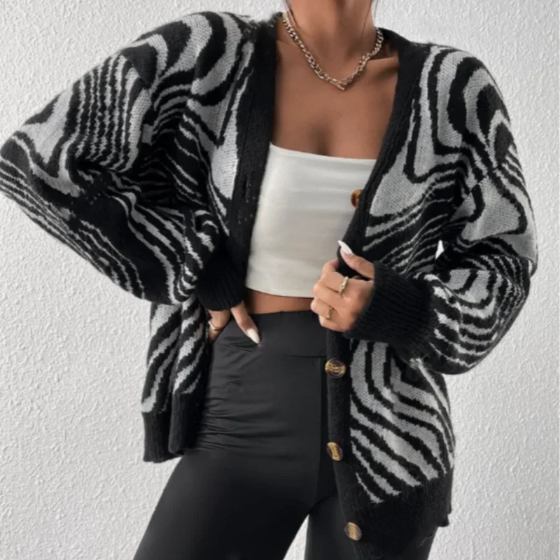 الخريف والشتاء زيبرا المشارب المألوف فضفاض الكتف قطرة شخصية سترة الخامس الرقبة أعلى الملابس النسائية