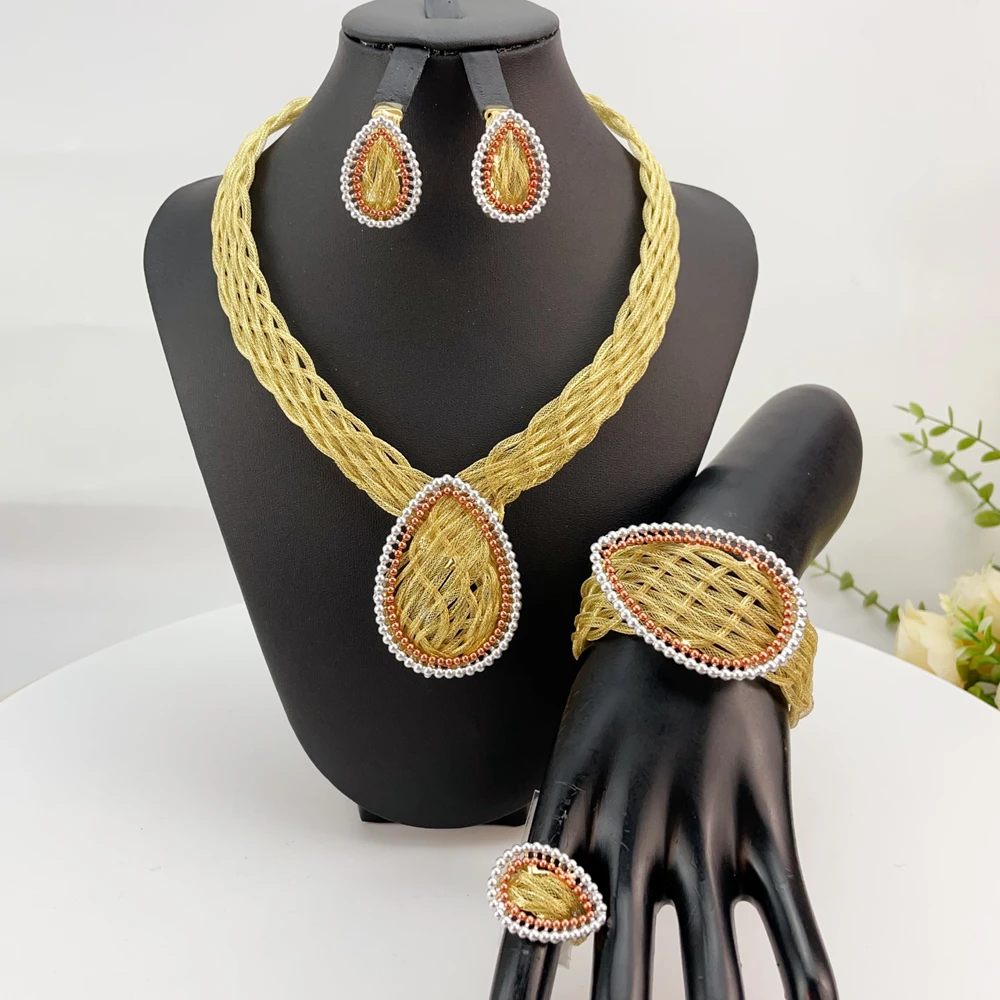 

Luxury Jewelry Sets Women Italian Brazilian Gold Plated Wedding Necklace Earrings Charm Bracelet Ring Party Jewellery FHK25084
