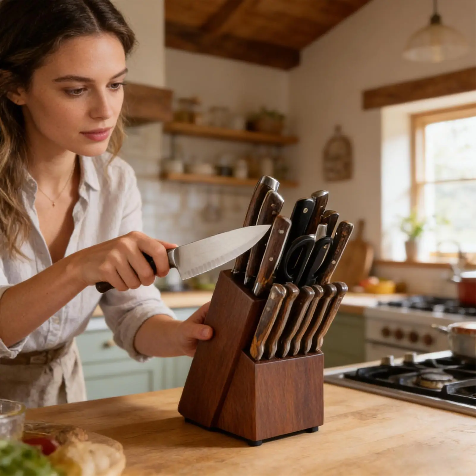 

Деревянный органайзер для ножей на 14 слотов, подставка для ножниц, для кухонной столешницы, для домашней кухни