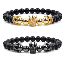 Fashion Micro CZ King Queen Crown Charm Bracelets Matte Black Onyx Beads Bracelet Hematite Trendy Zirconia Accessories Jewelry