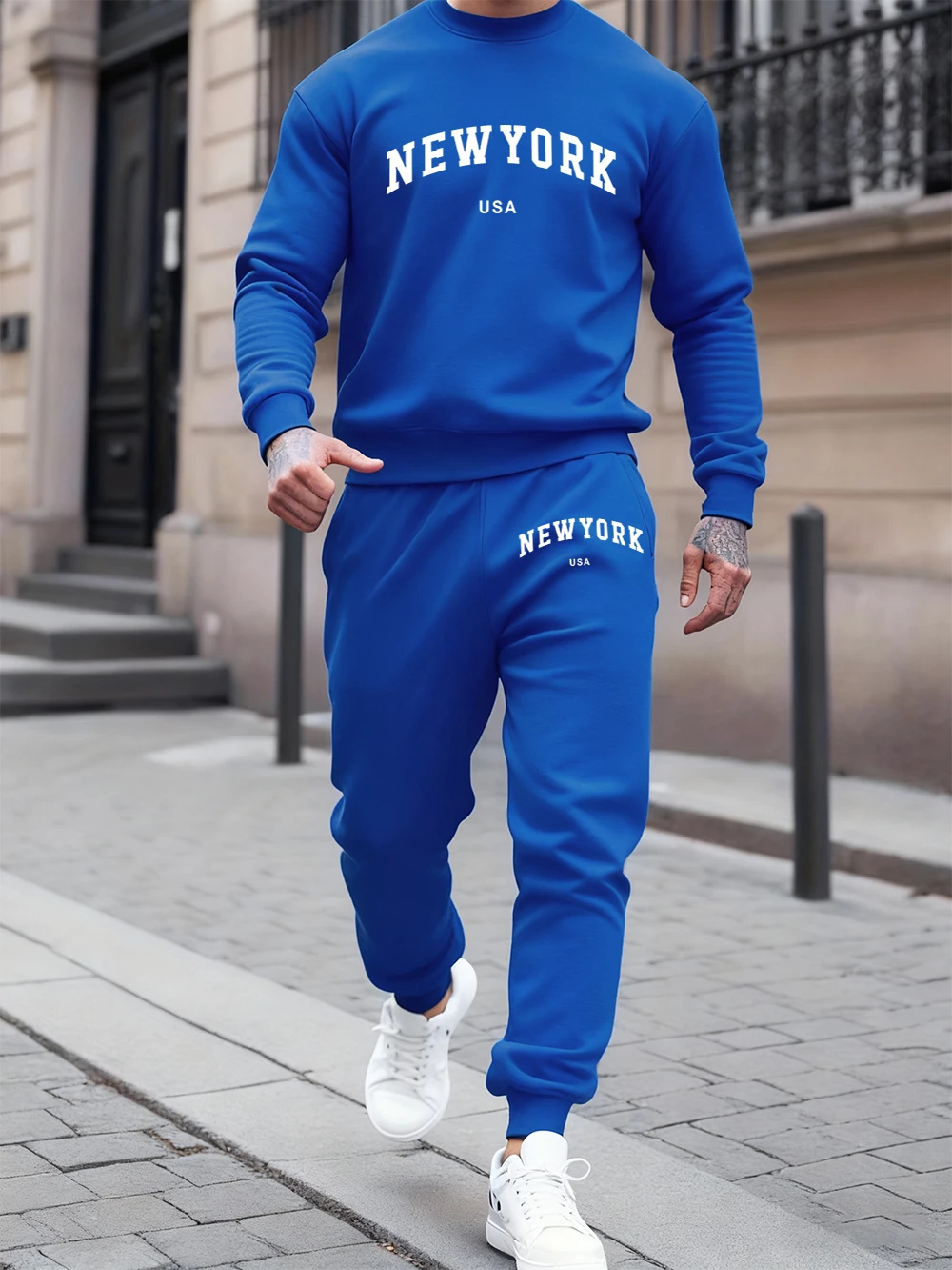 

Sporty Hoodie Set Men'S New York Usa Letter Printed Sweatpants Casual Crewneck Loose Hooded Pants Winter Fleece Warm Clothes