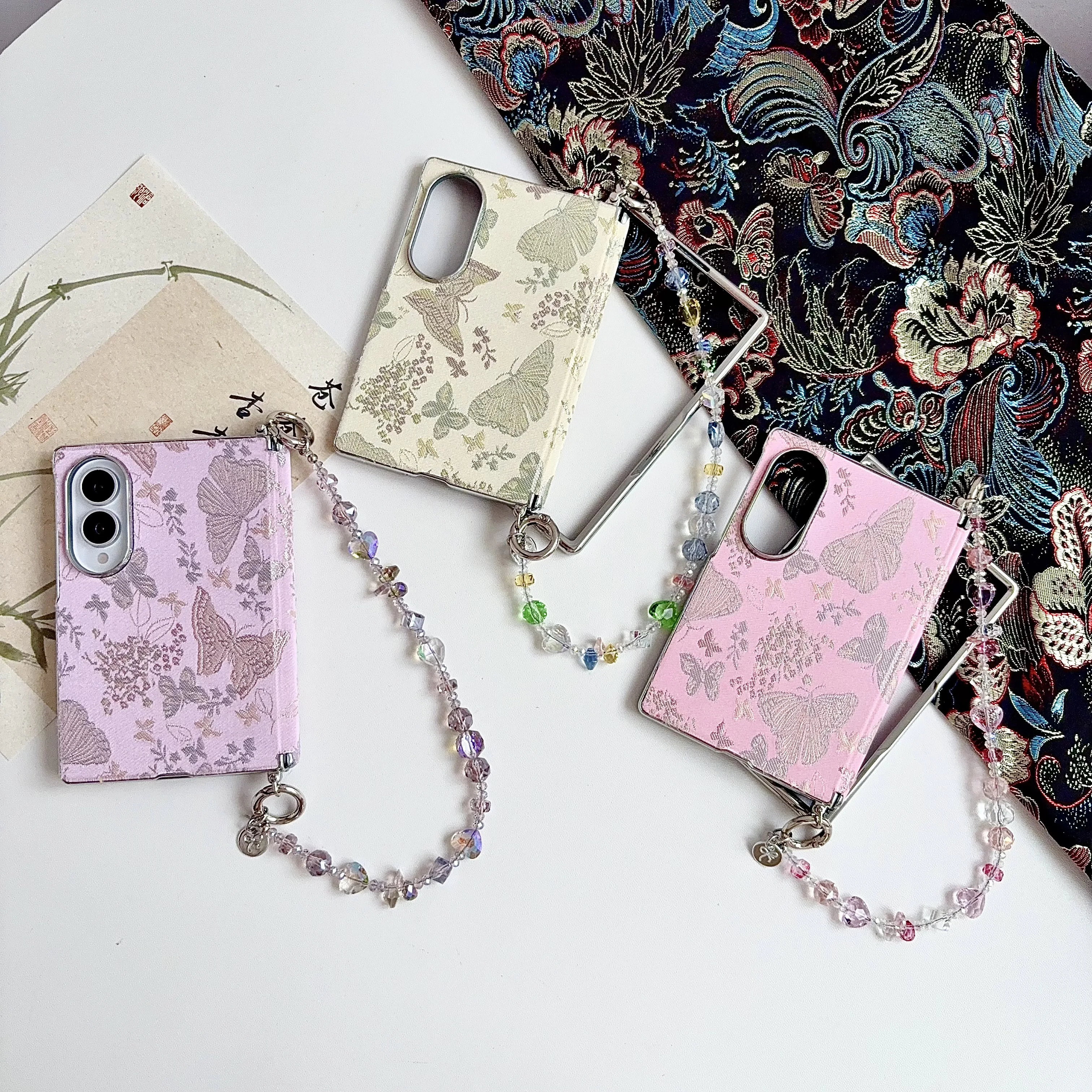 Fashion Butteryfly PU Leather Phone Case for Samsung Z Fold 8 ZFold8 Shockproof Hinge Back Cover Frame + Gemstone Hand Strap