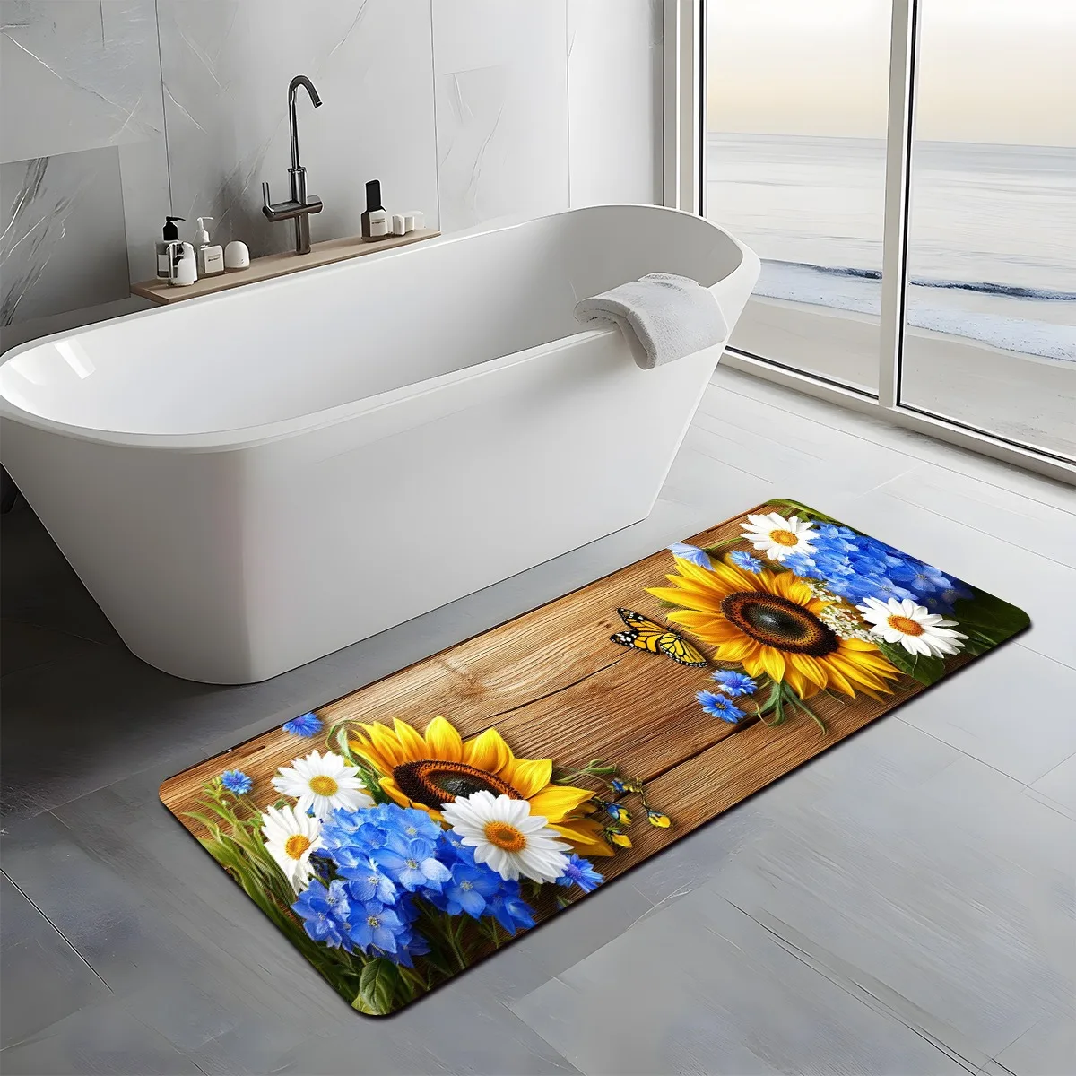 Wood Board Sunflower Blue Hydrangea Daisy Butterfly Print Runner Rug, non-slip absorbent mat for bathroom entry fresh country