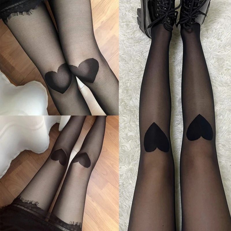 Women Dark Gothic Silky Transparent Pantyhose Harajuku Sweet Knee Love Heart Pattern Sheer Tights Personality Thin Dropshipping